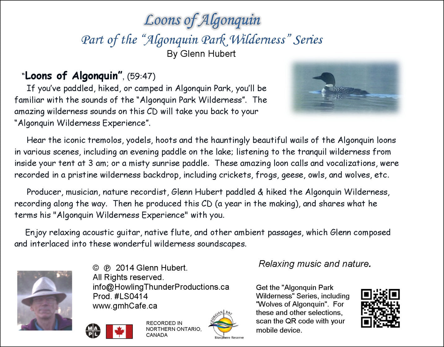 Loons of Algonquin Park CD back cover Glenn Hubert