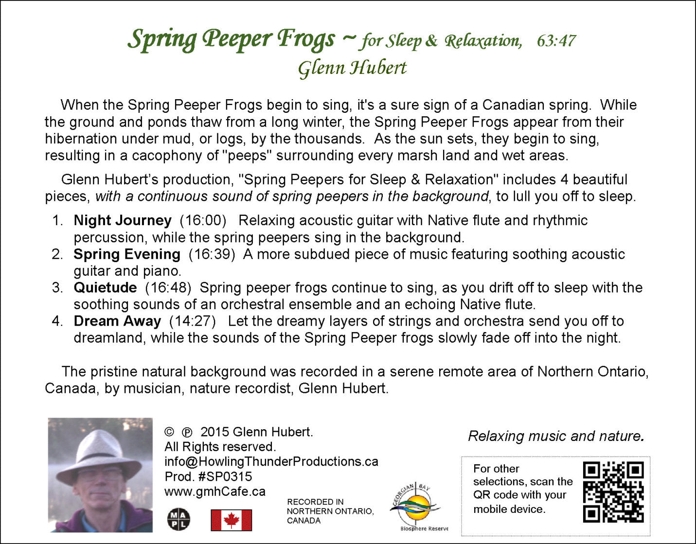 Spring Peeper Frogs for Sleep & Relaxation Glenn Hubert CD back